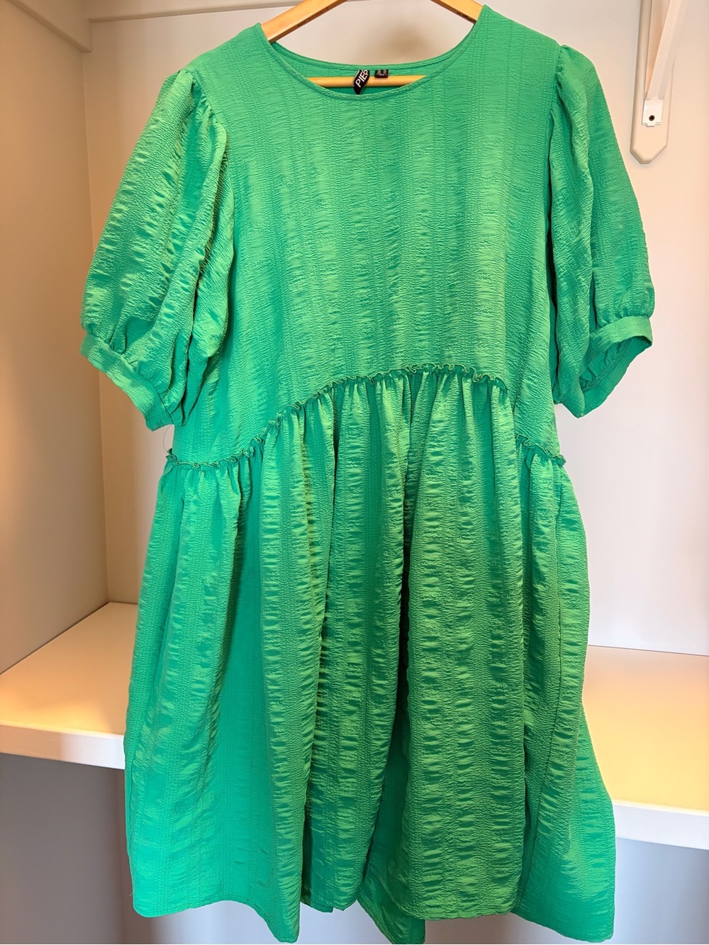 Textured Puff Sleeve Midi Dress in Bright Green